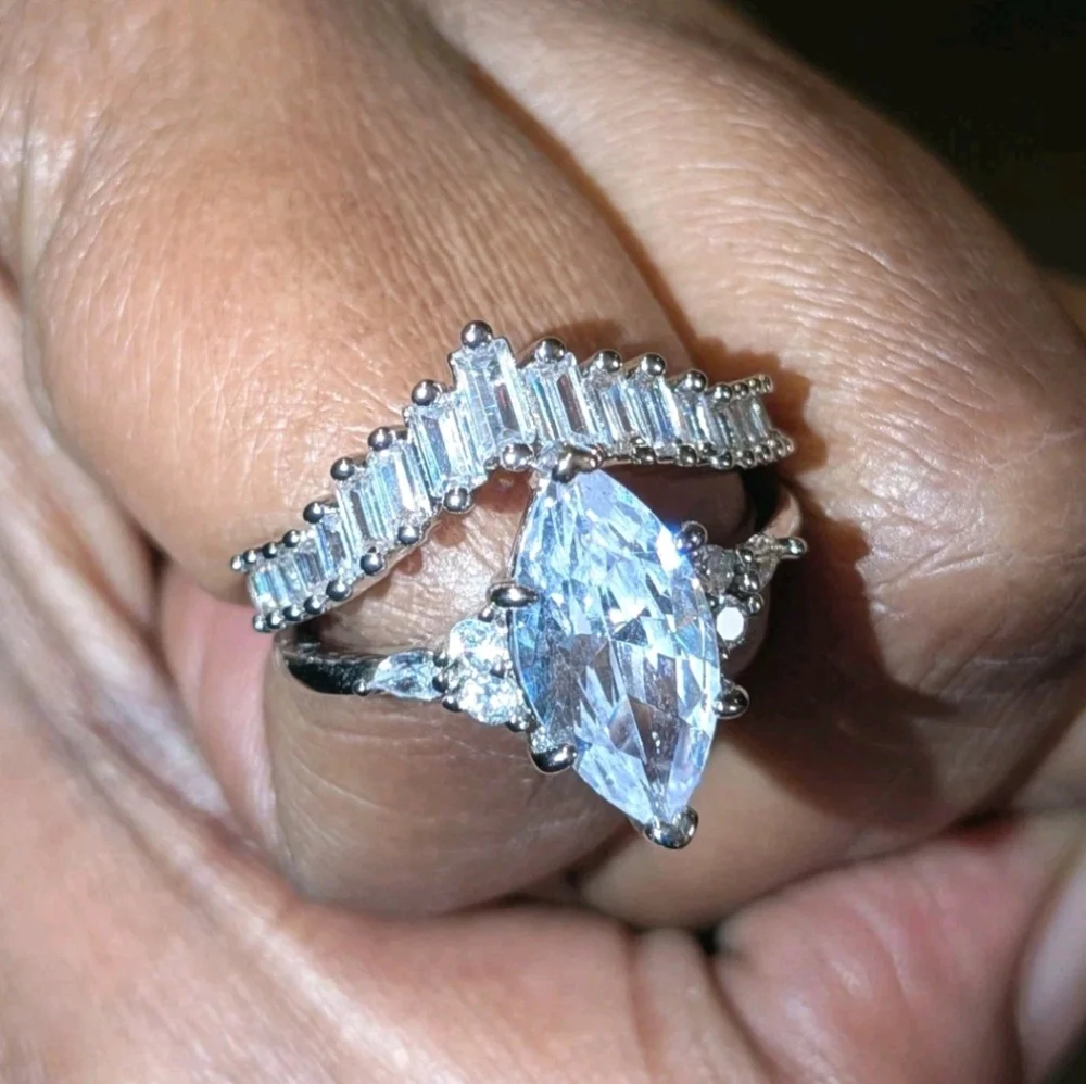 Luxury 925 Silver 4ct Simulated Marquise Diamond Wedding Ring Set For Women Sz 8